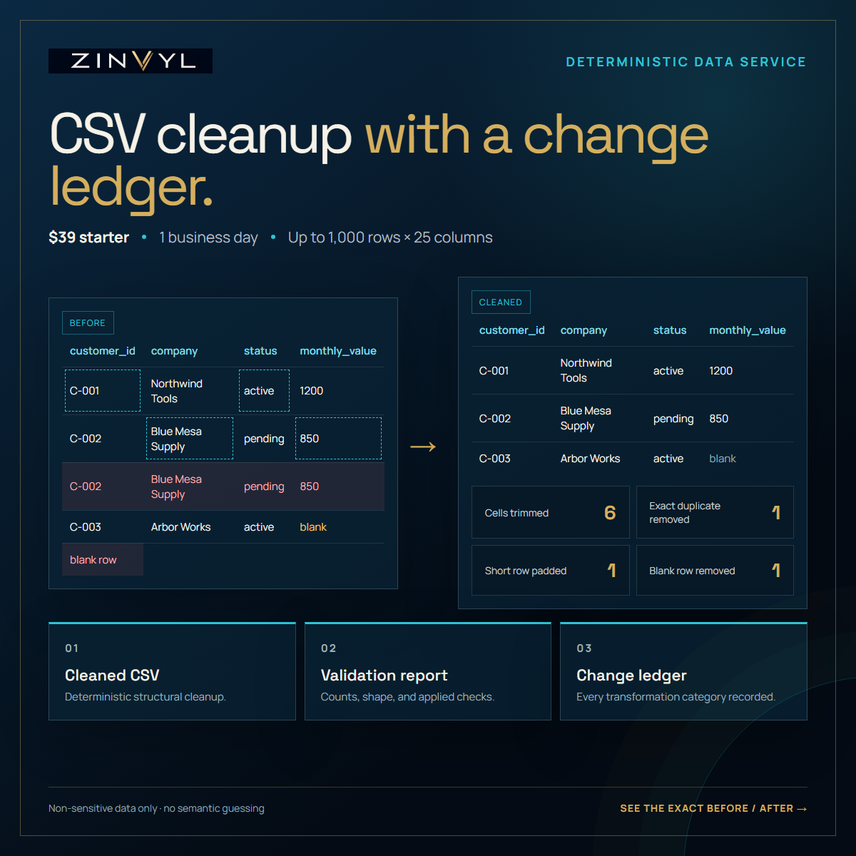 CSV Cleanup and Validation starter offer showing the exact synthetic sample changes: six trimmed cells, one exact duplicate removed, one short row padded, and one blank row removed.